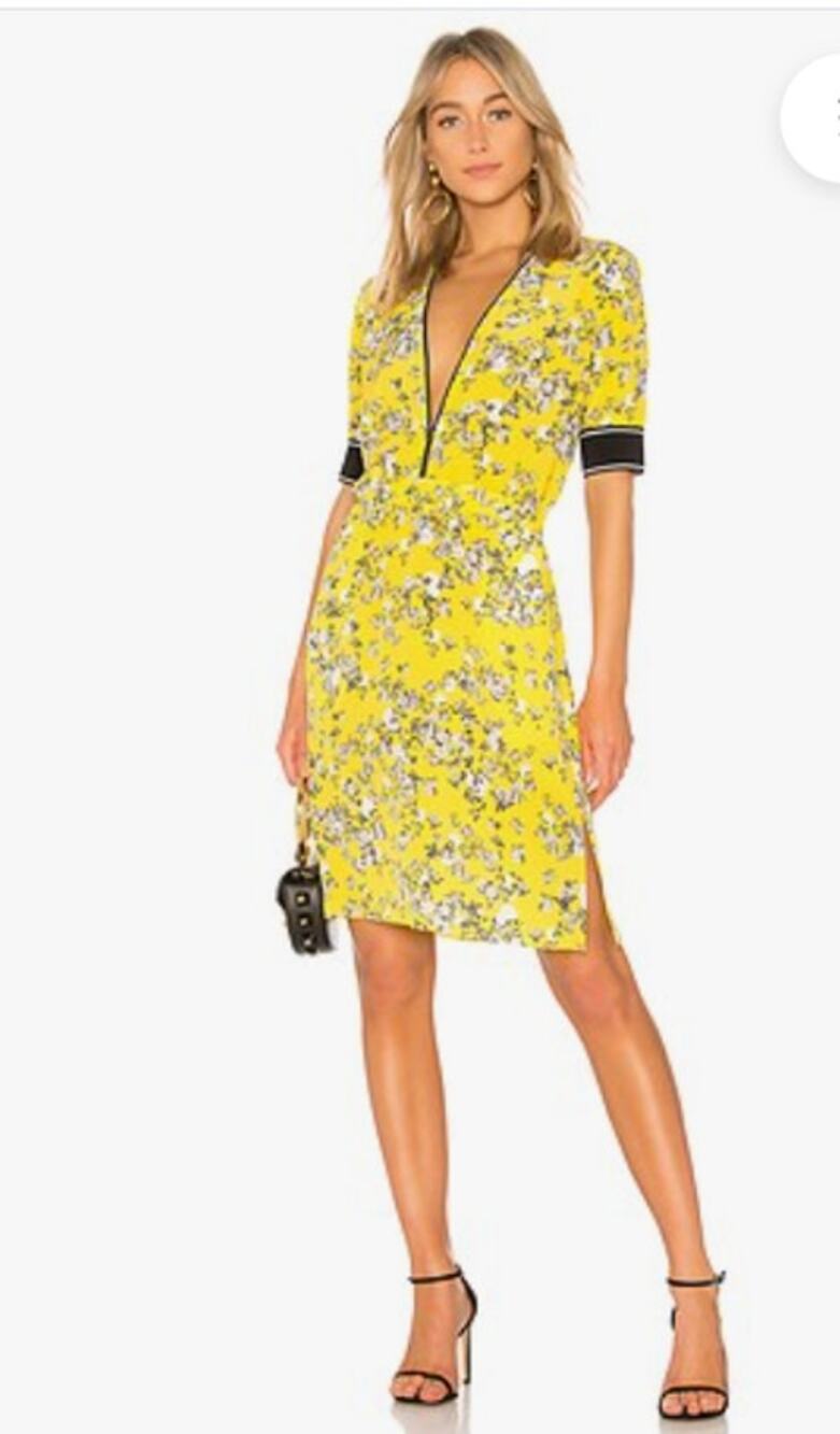 Rag & Bone Cecile Dress M Yellow Floral Silk Zip Front Midi Black Trim Pockets